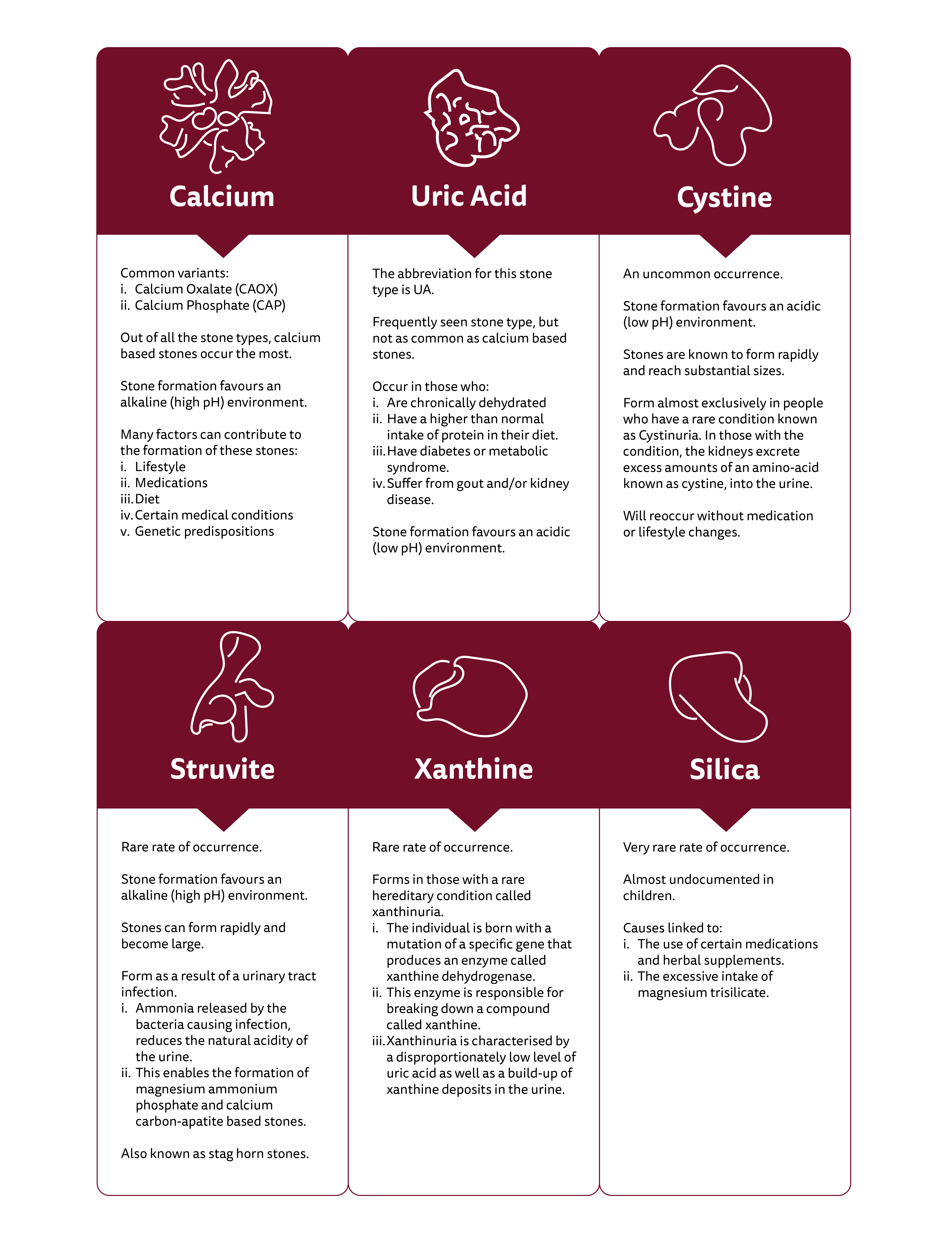 Infographic table listing kidney stone types and their characteristics